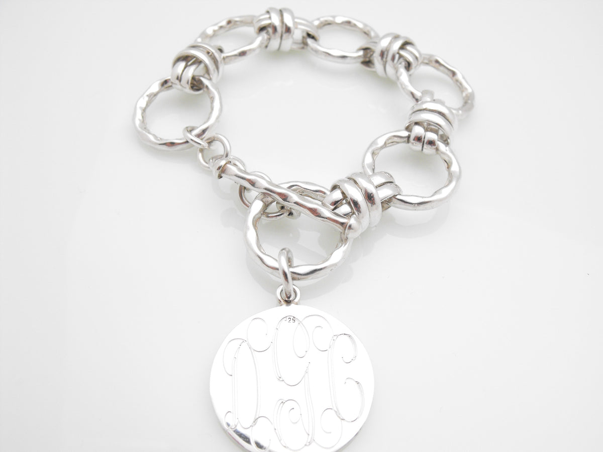 Silver Monogram Heart Tag Charm Bracelet Block Font