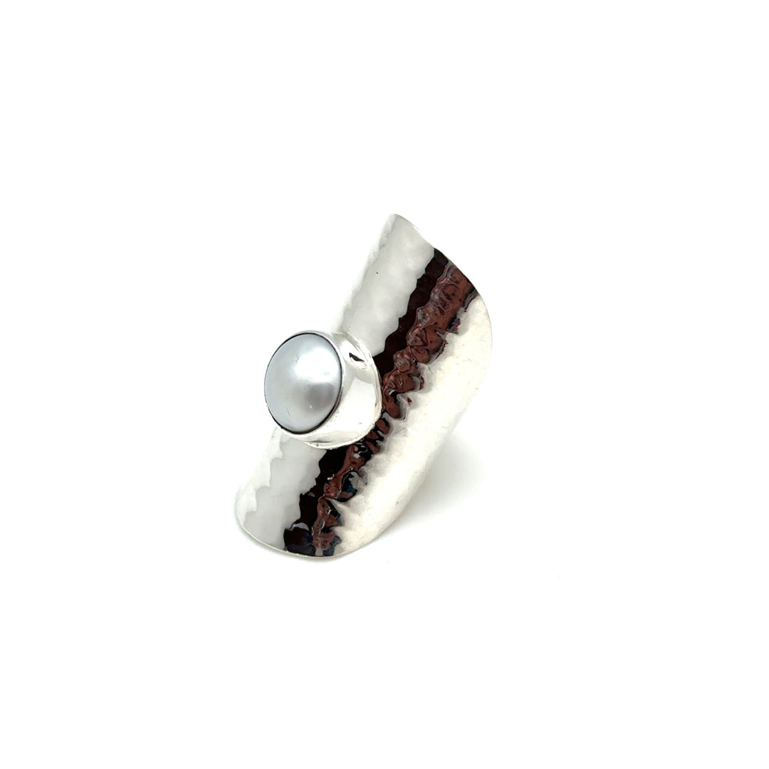 Elongated Hammered Pearl Ring