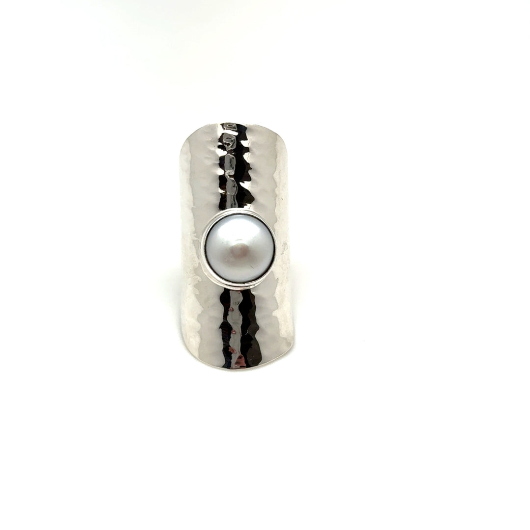 Elongated Hammered Pearl Ring