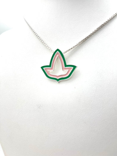 New!  Pink and Green Enamel Open Ivy Leaf Necklace - Medium
