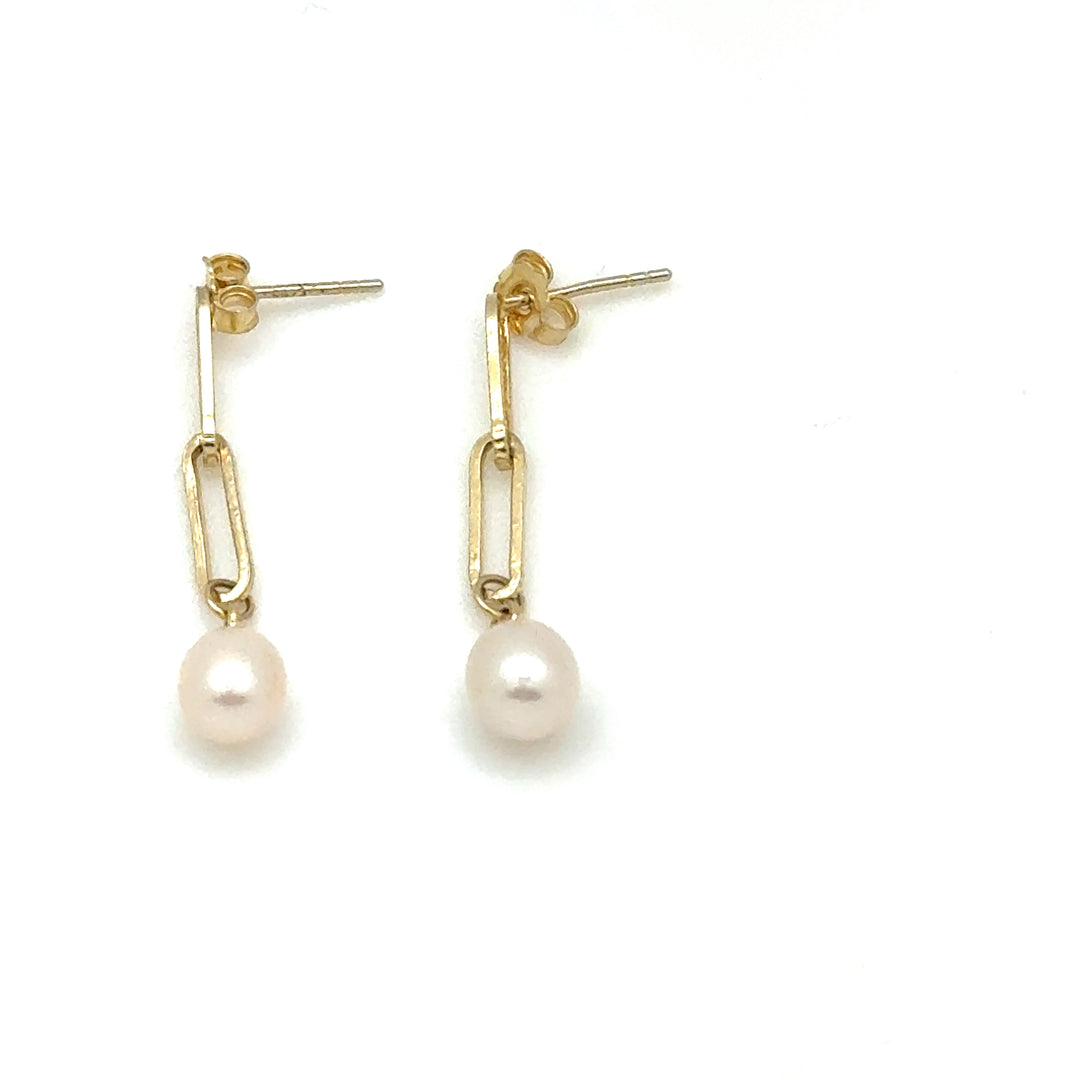 Paperclip Freshwater Pearl Earrings - Gold Filled