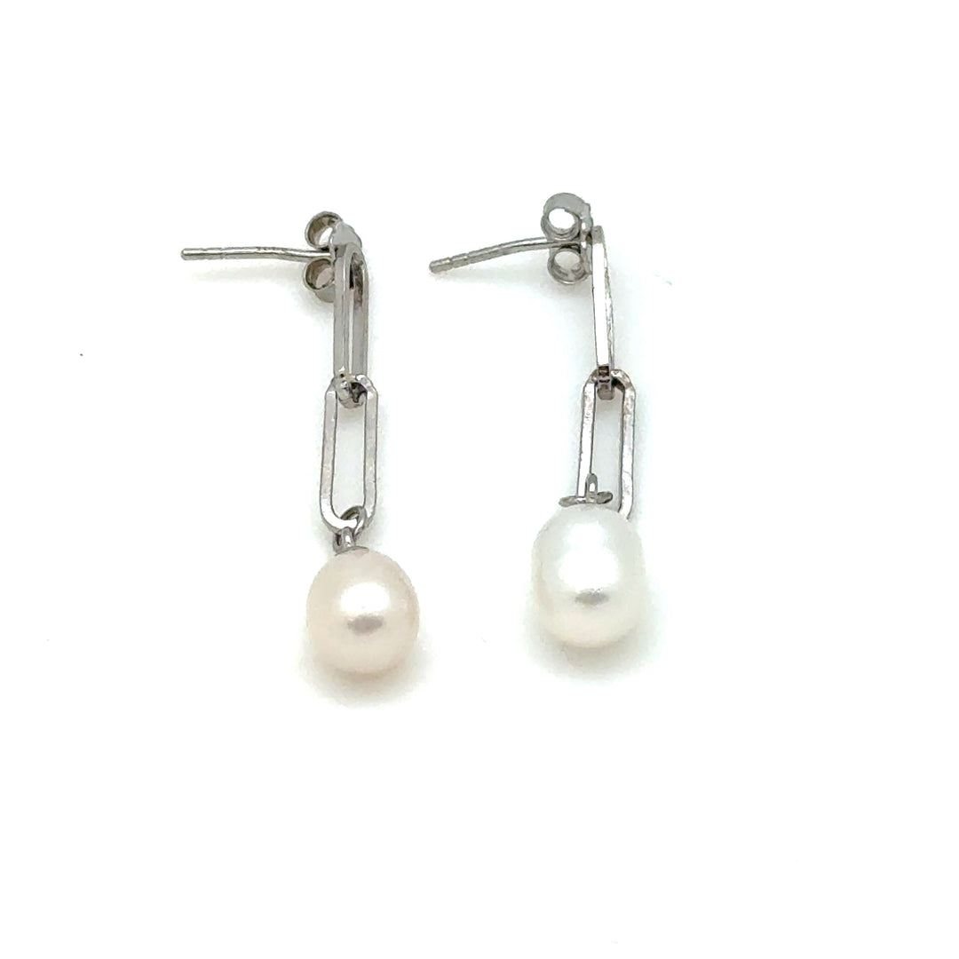 Paperclip Freshwater Pearl Earrings -Sterling Silver