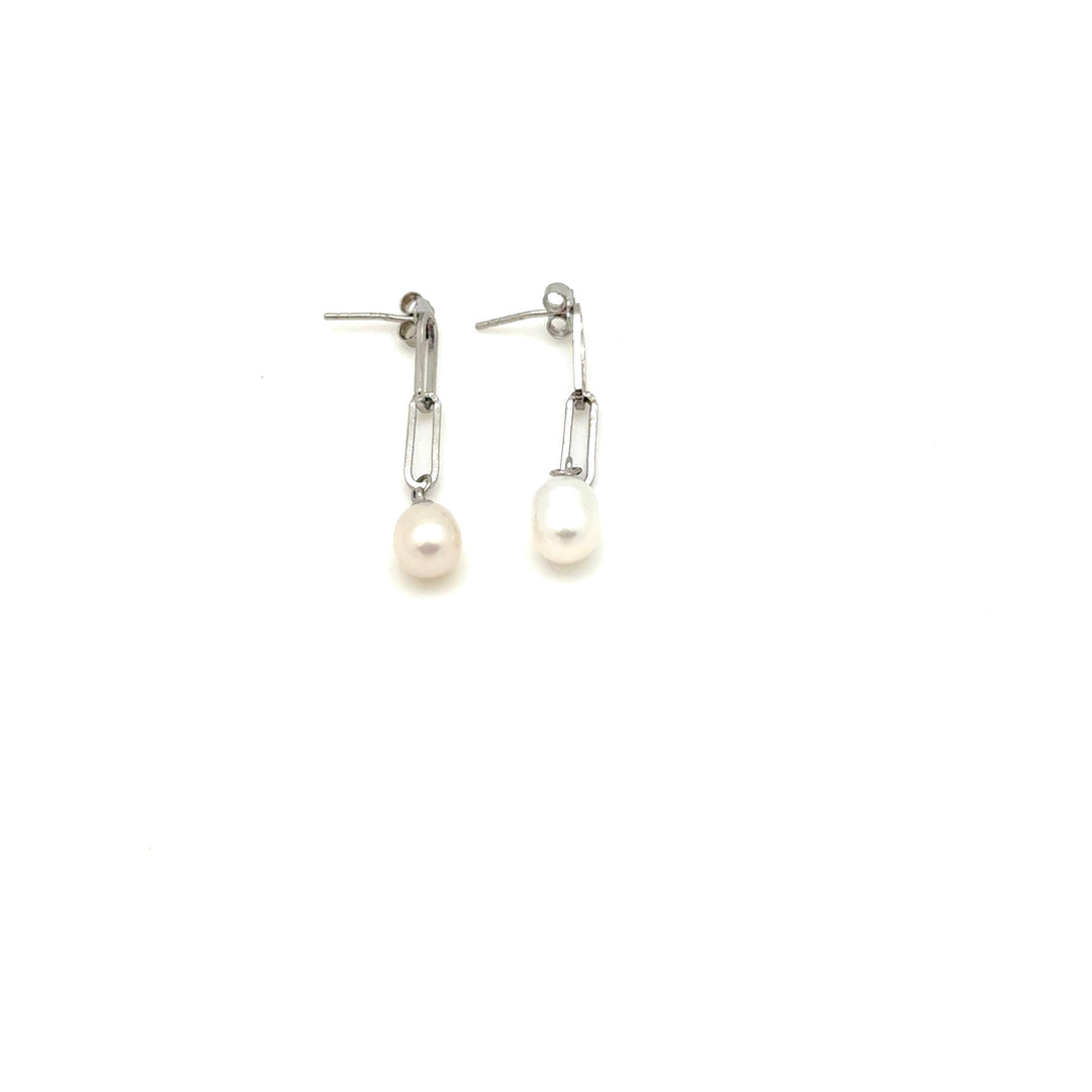 Paperclip Freshwater Pearl Earrings -Sterling Silver