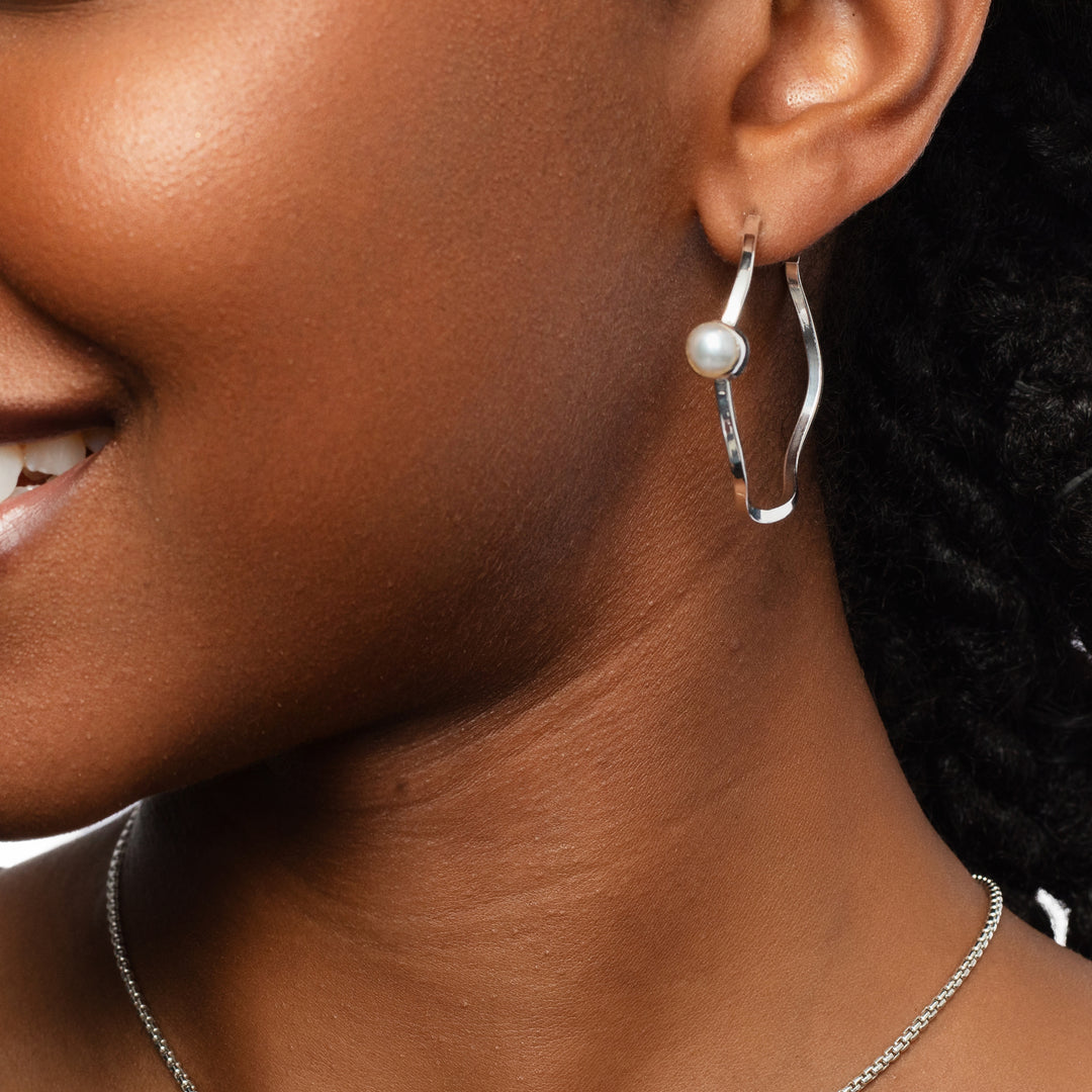 Wavy Hoop Pearl Earrings