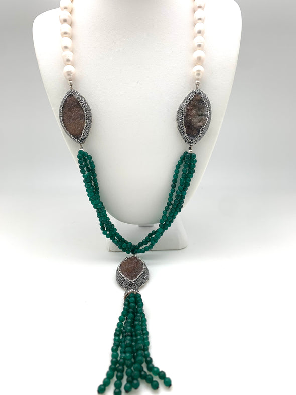 Freshwater Pearl and Emerald Tassel Necklace
